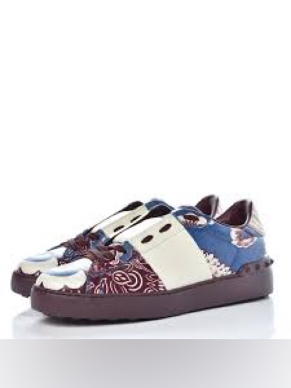 VALENTINO GARAVANI Calfskin Mime Rockstud Open Sneakers 38 Indigo Rubin Ivory